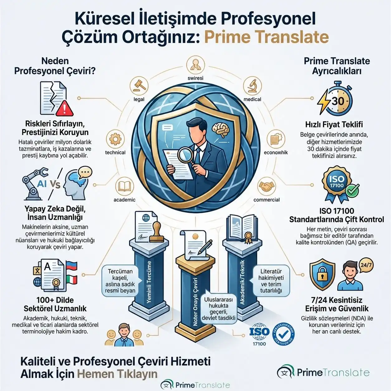 Küresel iletişimde profesyonel çeviri çözüm ortağı Prime Translate; ISO 17100 kalite standartları, 100 dilde yeminli tercüme ve kesintisiz müşteri desteği özet görseli.