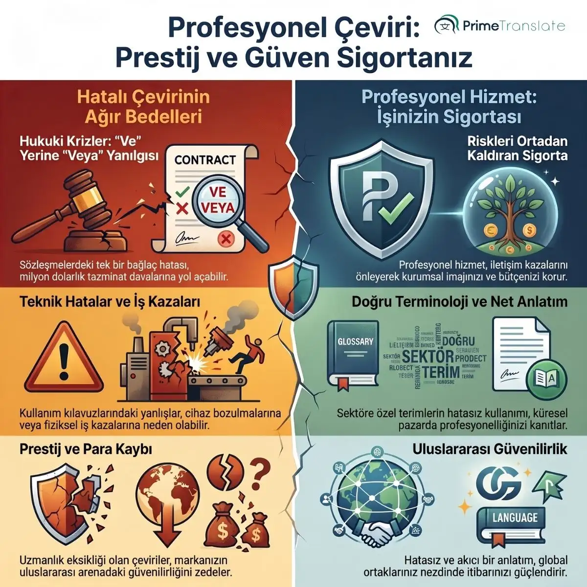 Hatalı çevirinin neden olabileceği hukuki krizler ve iş kazaları ile profesyonel çevirinin sağladığı doğru terminoloji, marka prestiji ve uluslararası güvenilirlik karşılaştırması.