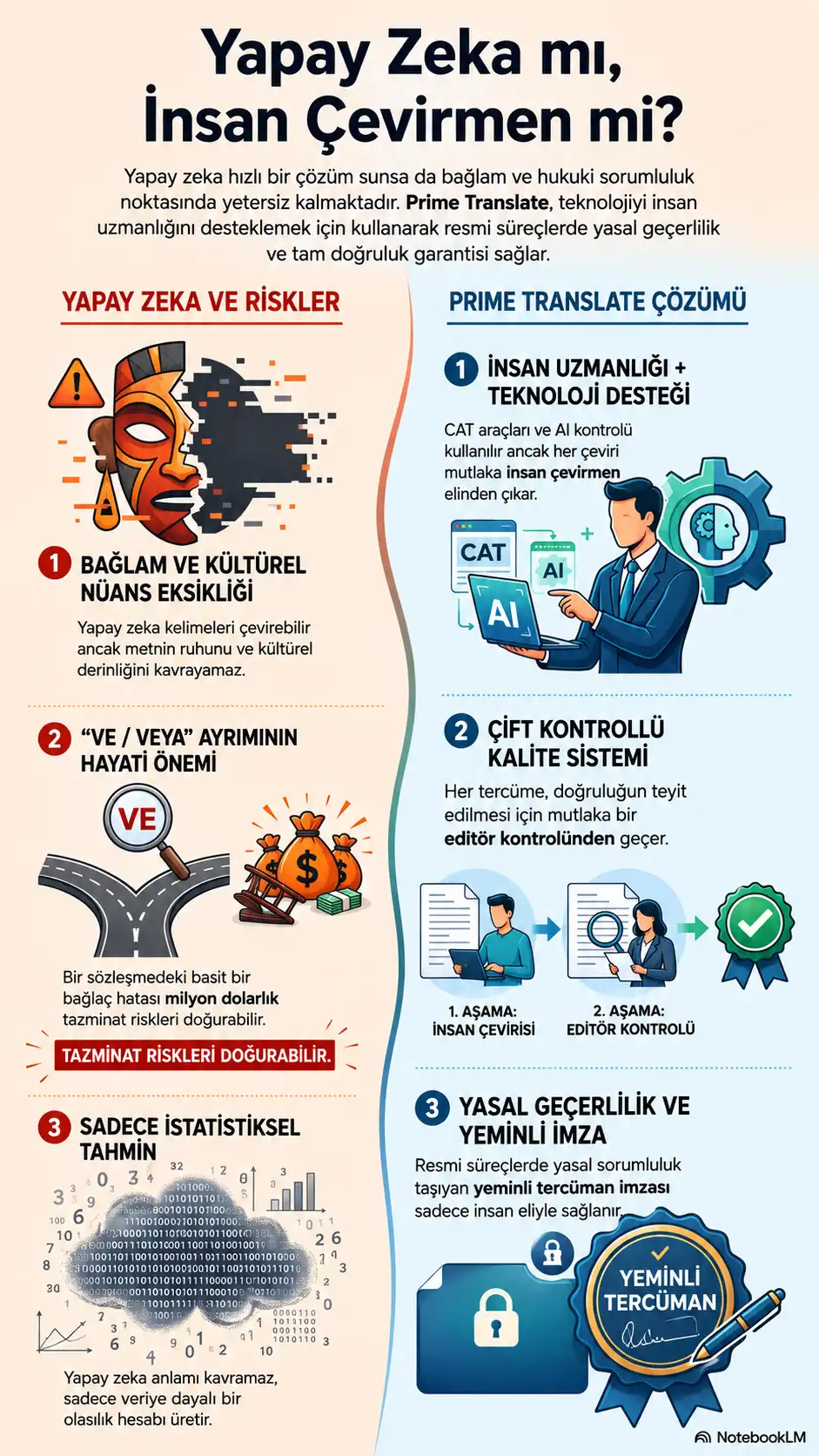 Yapay zeka çevirilerindeki kültürel nüans eksikliği ve yasal riskler ile Prime Translate insan çevirmen uzmanlığı, editör kontrolü ve resmi geçerlilik karşılaştırma tablosu.