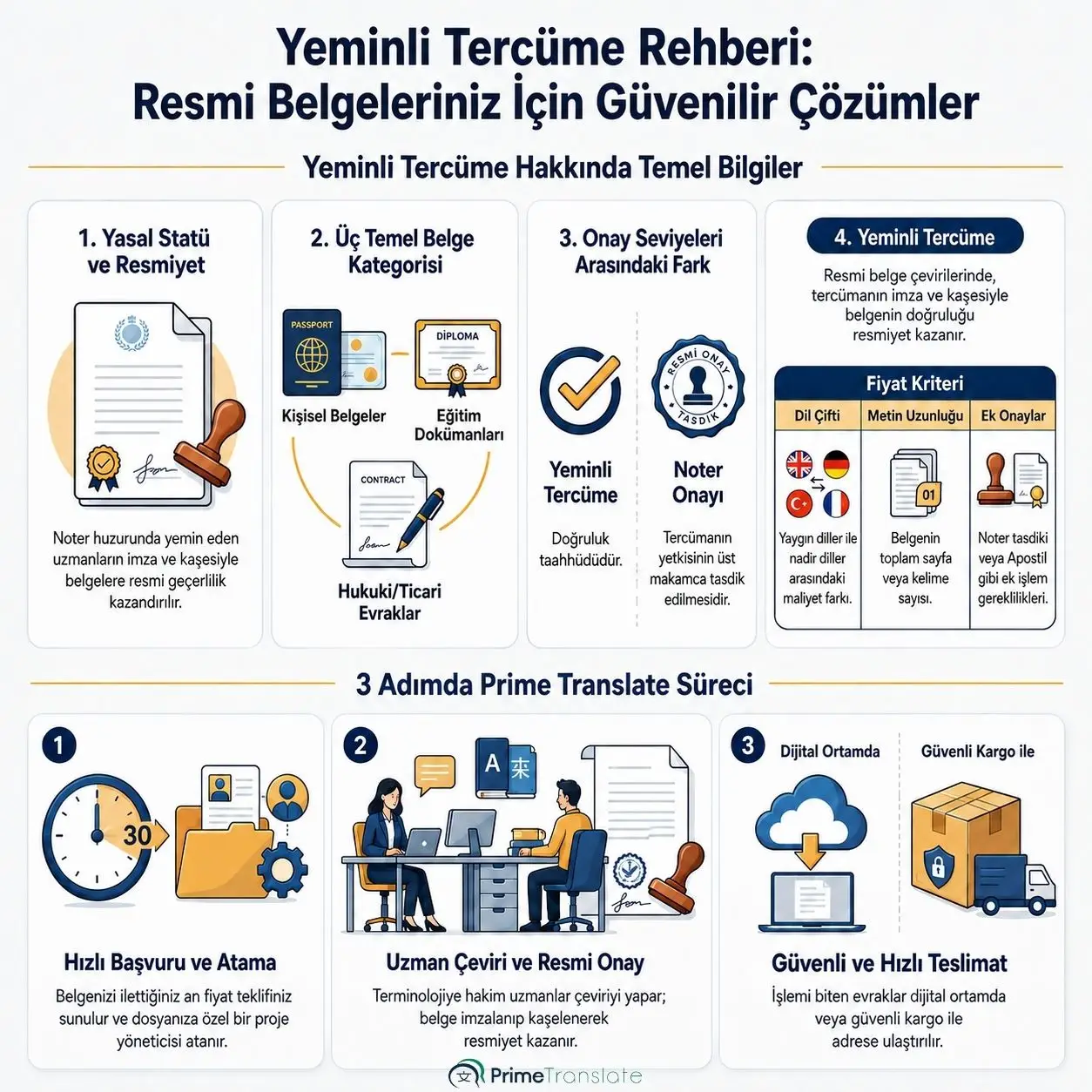 Yeminli tercüme nedir, onay seviyeleri farkı, asgari fiyat kriterleri ve 3 adımda Prime Translate online yeminli çeviri sipariş sürecini açıklayan kapsamlı rehber infografiği.
